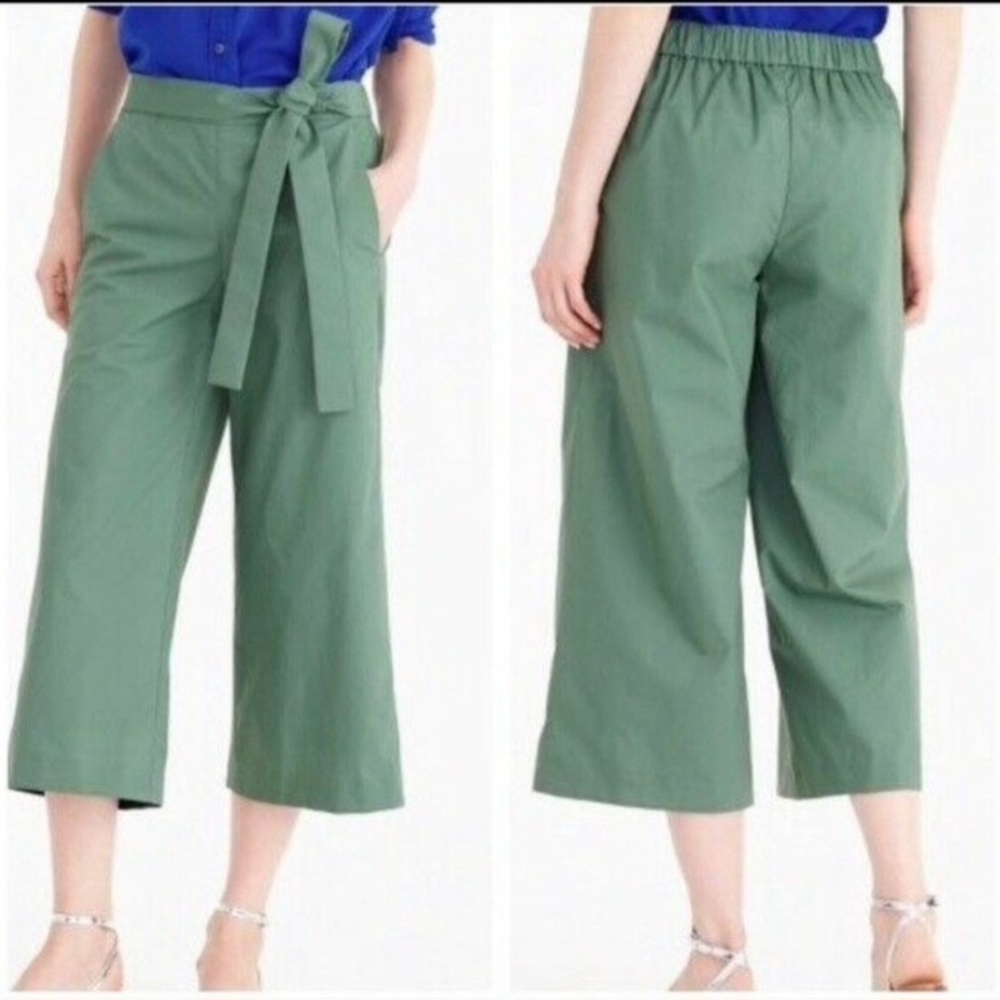 J. Crew Rory Green Cotton Wide Leg Cropped Front Tie Pants - Picture 2 of 8